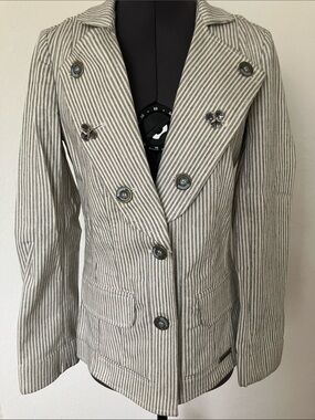 Galliano Striped Double-Breasted Blazer in Blue & White. Made in Italy. Sz 26/40